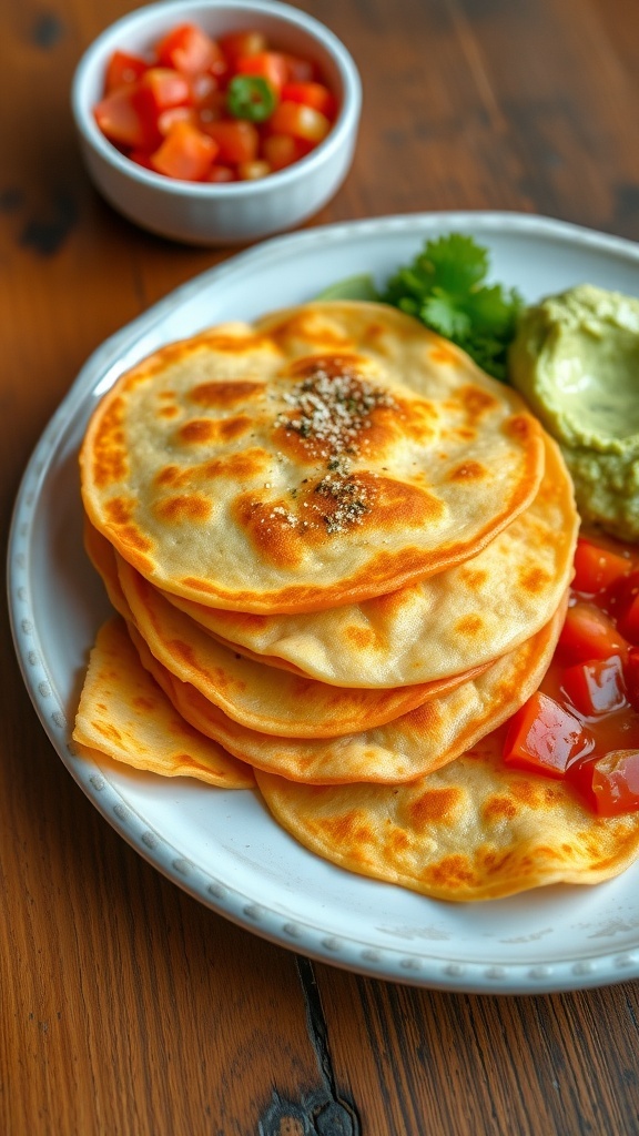 Crispy fried tortillas served with salsa and guacamole on a rustic table.